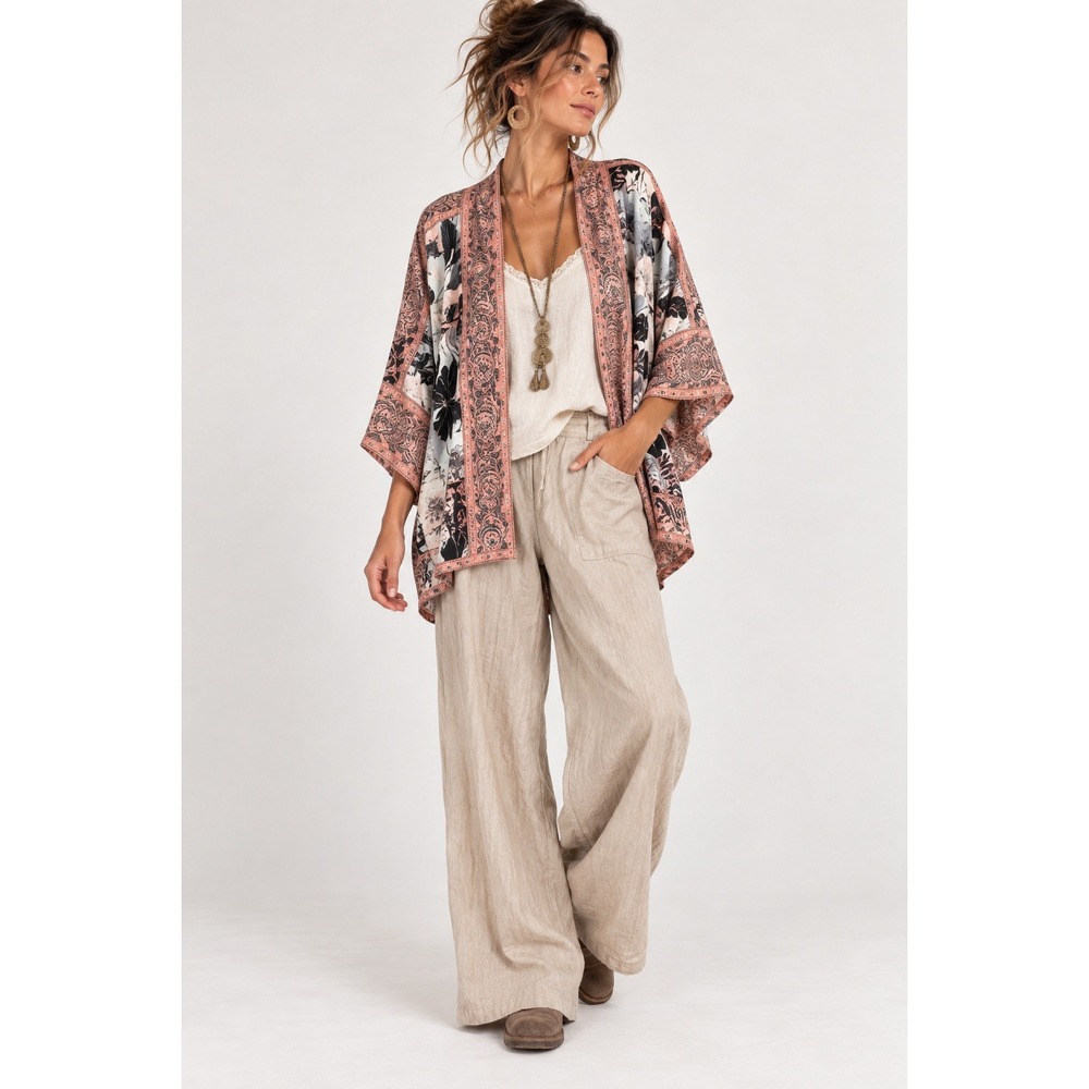 Tolani Collection Pink Floral Modal Kimono Lagenlook Lightweight Cardigan MP